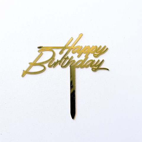 Topper mica HPBD màu VÀNG chữ HB to nghiêng nét nhỏ