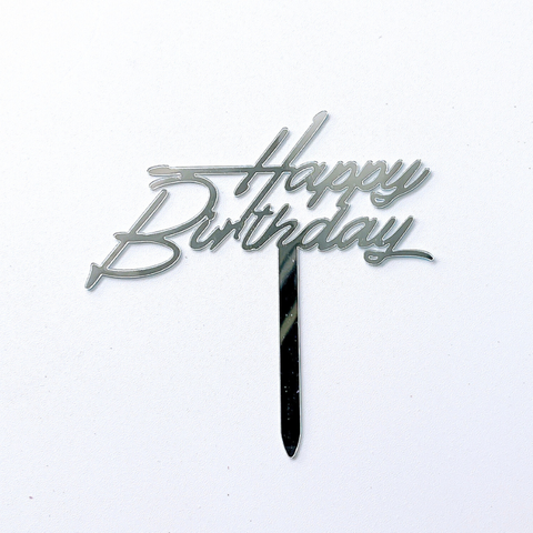 Topper mica HPBD màu BẠC chữ HB to nghiêng nét nhỏ