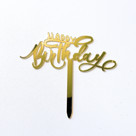 Topper mica HPBD màu VÀNG chữ uốn lượn gạch chân