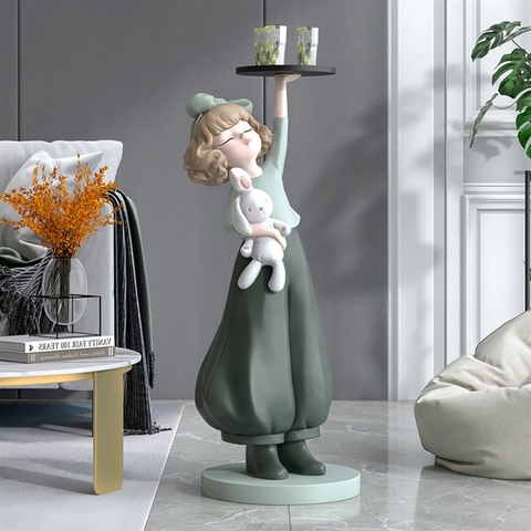 Tượng cô gái Châu âu ôm thỏ bê đĩa màu xanh cốm 17*44