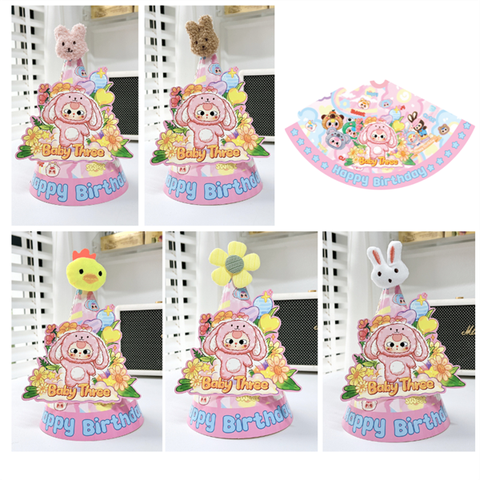 Mũ sinh nhật giấy- BABY THREE hoa hồng CHÓP HOA (10c)