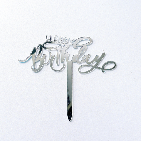 Topper mica HPBD màu BẠC chữ uốn lượn gạch chân