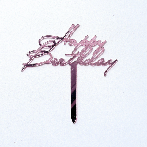 Topper mica HPBD màu HỒNG chữ HB nghiêng hoa nét nhỏ