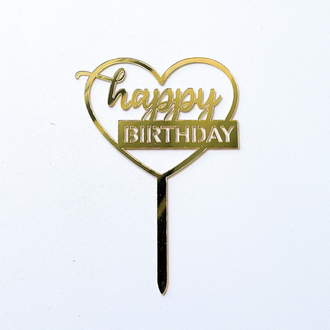 Topper mica HPBD màu VÀNG chữ thường in + TRÁI TIM TO