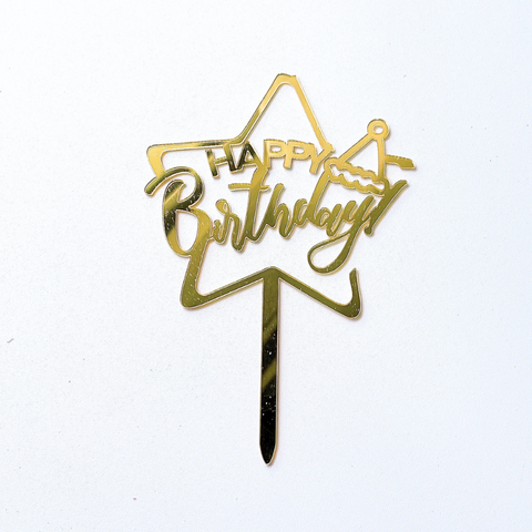 Topper mica HPBD SAO TO + MŨ SINH NHẬT  màu VÀNG