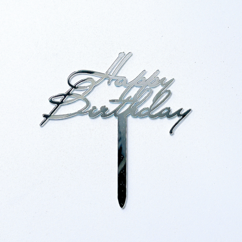 Topper mica HPBD màu BẠC chữ HB nghiêng hoa nét nhỏ