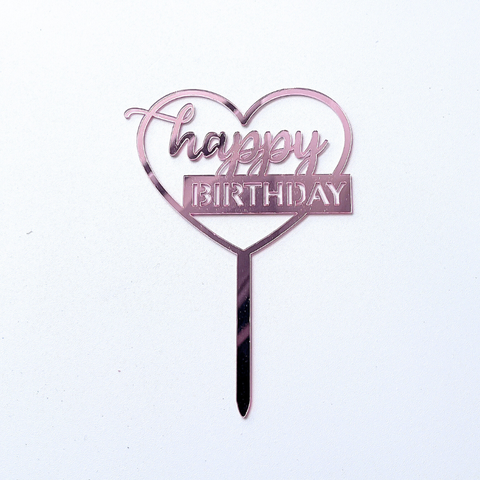 Topper mica HPBD màu HỒNG chữ thường in + TRÁI TIM TO