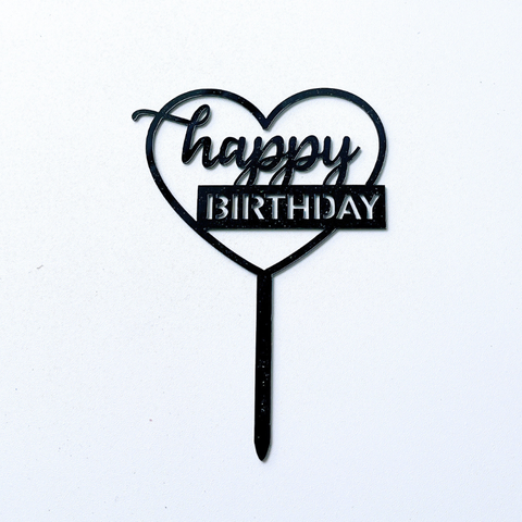 Topper mica HPBD màu ĐEN chữ thường in + TRÁI TIM TO