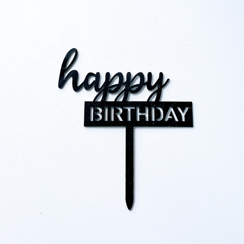 Topper mica HPBD màu ĐEN chữ happy thường nét thanh nét đậm