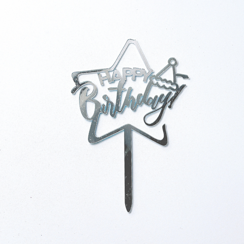 Topper mica HPBD SAO TO + MŨ SINH NHẬT  màu BẠC