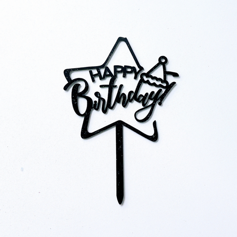 Topper mica HPBD SAO TO + MŨ SINH NHẬT  màu ĐEN