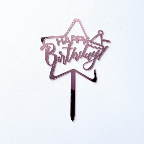 Topper mica HPBD SAO TO + MŨ SINH NHẬT  màu HỒNG