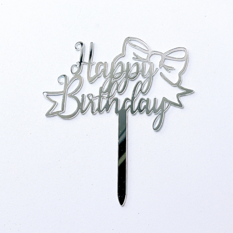 Topper mica HPBD màu BẠC + NƠ lệch