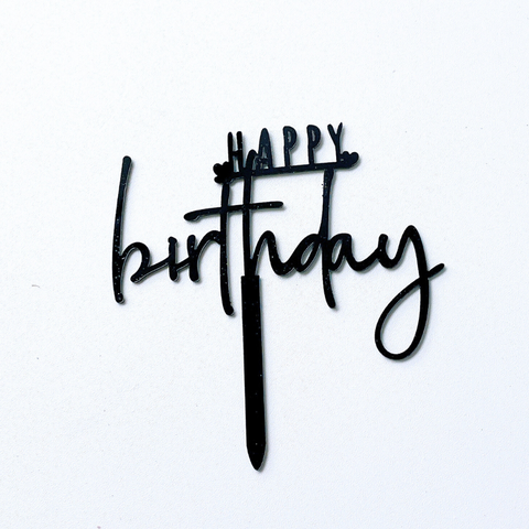 Topper mica HPBD màu ĐEN chữ HAPPY in gạch chân nét mảnh + 2 trái tim nhỏ