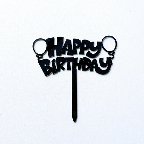 Topper mica HPBD bóng bay màu ĐEN chữ in nét đậm