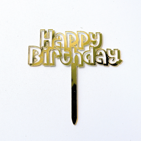 Topper mica HPBD chữ in nét RỖNG màu VÀNG