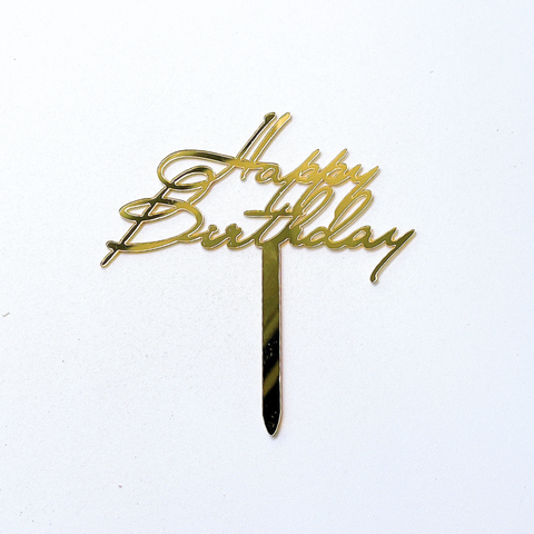 Topper mica HPBD màu VÀNG chữ HB nghiêng hoa nét nhỏ