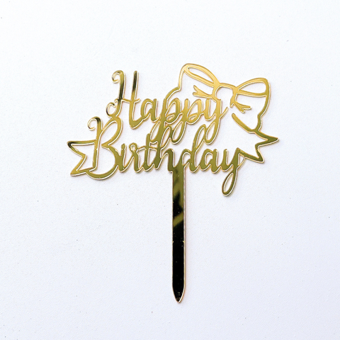 Topper mica HPBD màu VÀNG + NƠ lệch