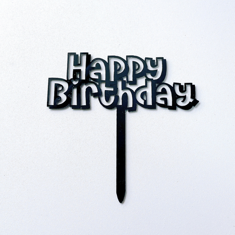 Topper mica HPBD chữ in nét RỖNG màu ĐEN