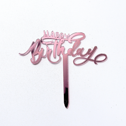 Topper mica HPBD màu HỒNG chữ uốn lượn gạch chân