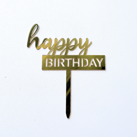 Topper mica HPBD màu VÀNG chữ happy thường nét thanh nét đậm