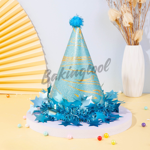 Mũ sinh nhật lấp lánh XANH DƯƠNG NHẠT viền tua rua