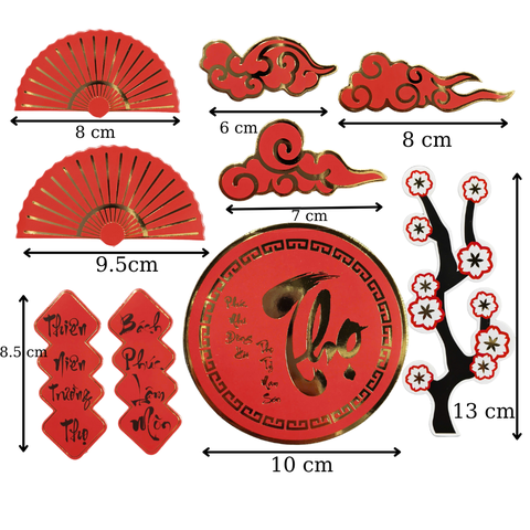 Set que giấy - TẾT ép nhũ THỌ + quạt mây+ câu đối