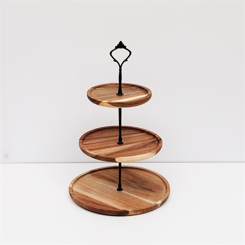 Cakestand gỗ tròn 3 tầng (19,5-24,5-29,5cm) - NÂU ĐẬM