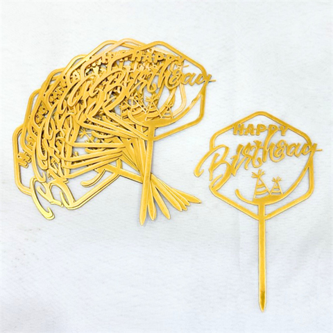 Topper mica Set 10 HPBD đa giác 2 mũ sinh nhật VÀNG