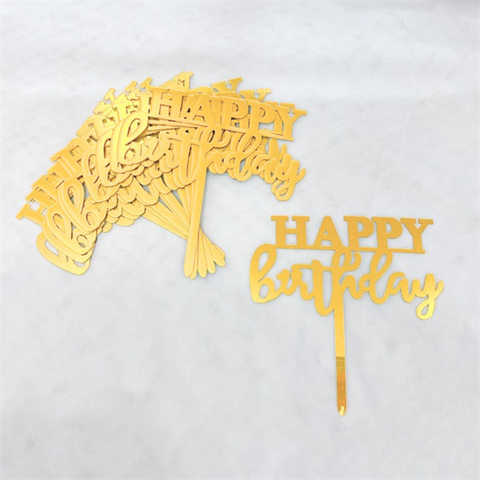 Topper mica Set 10 que HPBD Chữ in GẠCH CHÂN, chữ THƯỜNG VÀNG