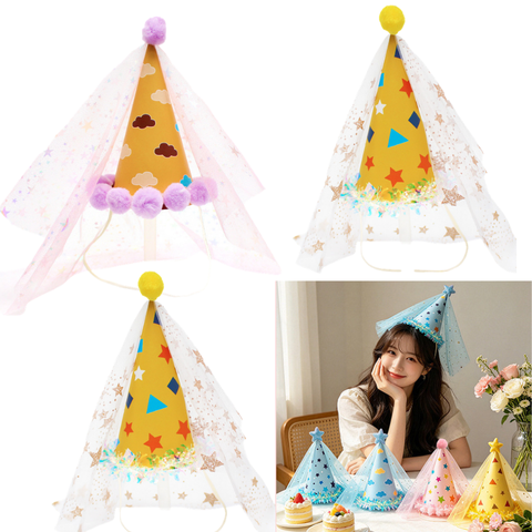 Mũ sinh nhật voan vàng nhỏ (11*16cm) - giao mẫu ngẫu nhiên