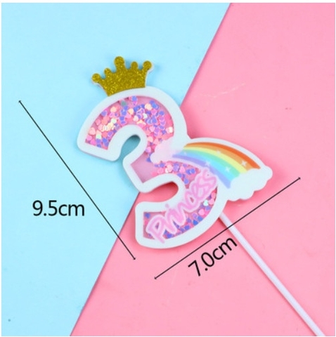 Que cắm số 3 xốp kim tuyến HỒNG + cầu vồng