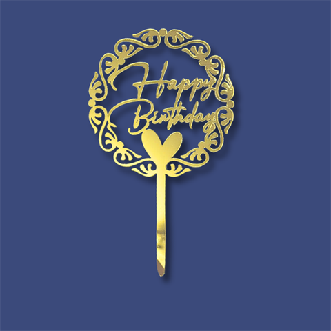 Topper mica HPBD tròn viền hoa văn+trái tim VÀNG