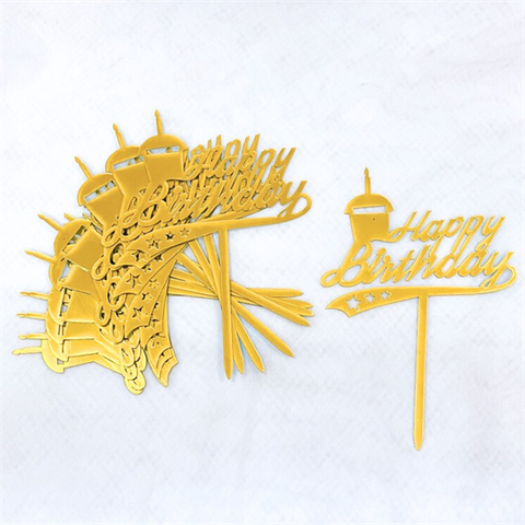 Topper mica Set 10 que HPBD gạch dưới bánh sinh nhật vàng