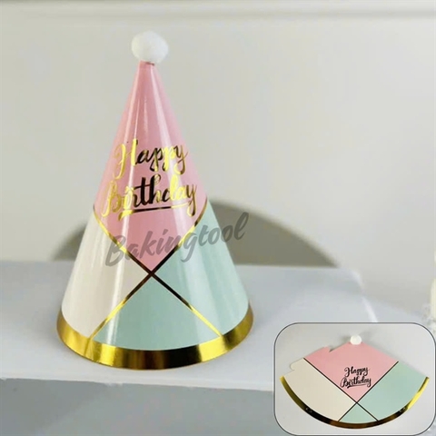 Mũ sinh nhật giấy chóp bông ÉP NHŨ VÀNG XANH HỒNG TRẮNG ( set 10)