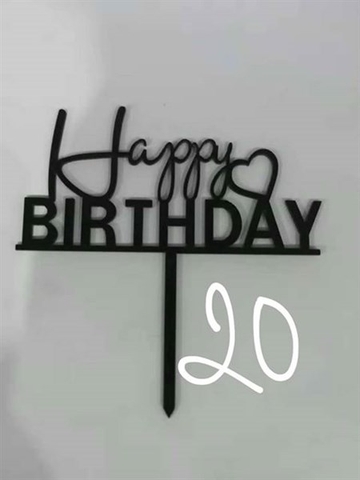 Topper mica HPBD chữ thường-chữ in trái tim đen