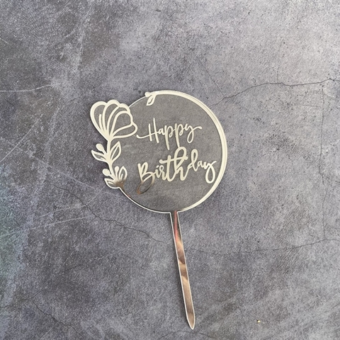 Topper mica HPBD tròn liền bông hoa BẠC