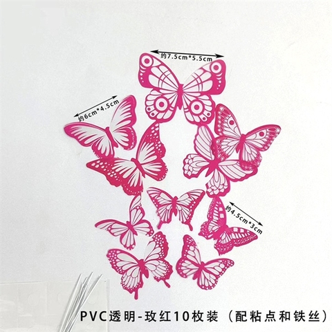Set 10 bướm mica mỏng MÀU HỒNG ĐẬM