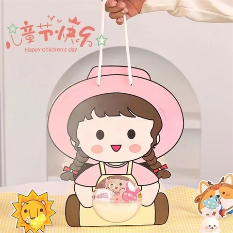 Set 5 hộp cầu đựng bánh có quai xách hình bé GÁI MŨ HỒNG