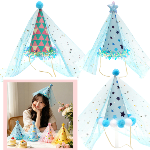 Mũ sinh nhật voan xanh nhỏ (11*16cm) - giao mẫu ngẫu nhiên