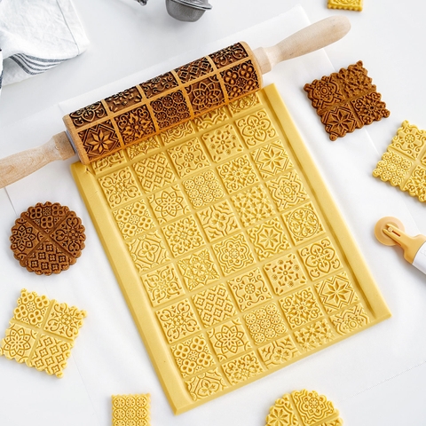 Cán bột gỗ in hoa văn size 35cm mã 46