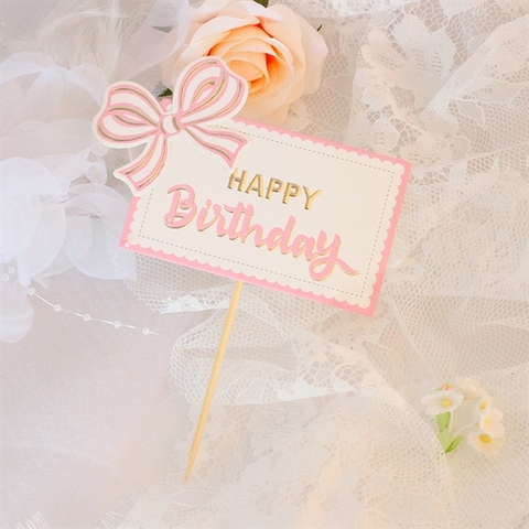 Que HPBD chữ nhật nơ HỒNG TRẮNG