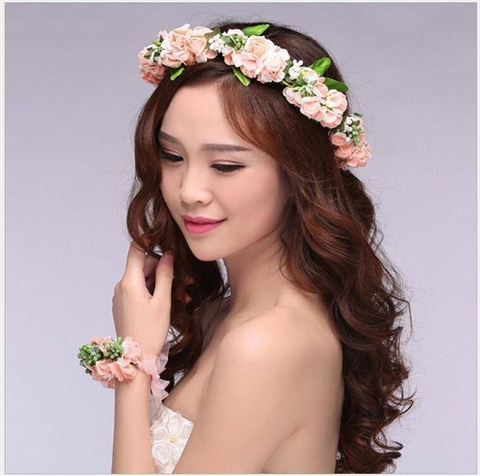 Phụ kiện vòng hoa đầu màu hồng +lá xanh