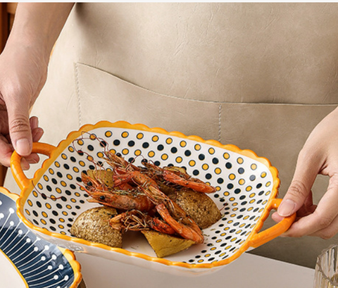 Đĩa Vuông 2 quai Bắc Âu 23.5*19.7*4.5cm chấm bi Vàng