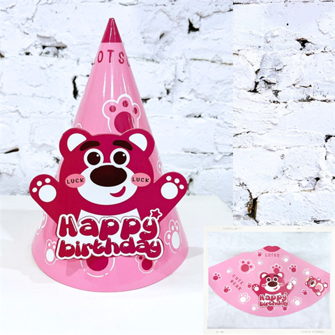 Mũ sinh nhật giấy- Gấu Lotso LUCKY hồng mới (10 mũ)