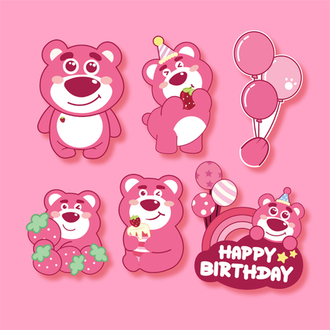 Set que giấy HPBD 5 GẤU LOTSO dâu tây + BÓNG BAY mới (combo2)