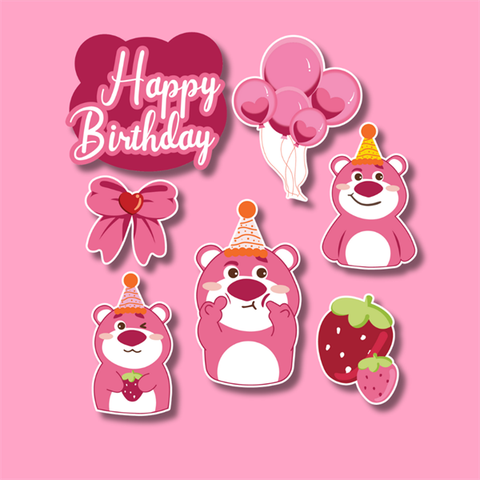 Set que giấy - GẤU LOTSO dâu tây + bóng bay (combo2)