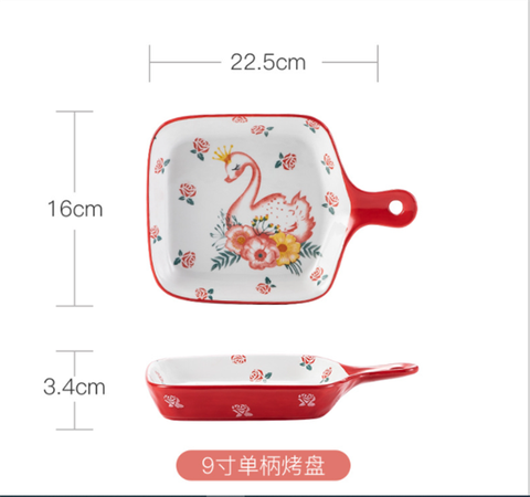 Thiên nga ĐỎ-đĩa vuông hình chảo có tay cấm 22.5*16cm