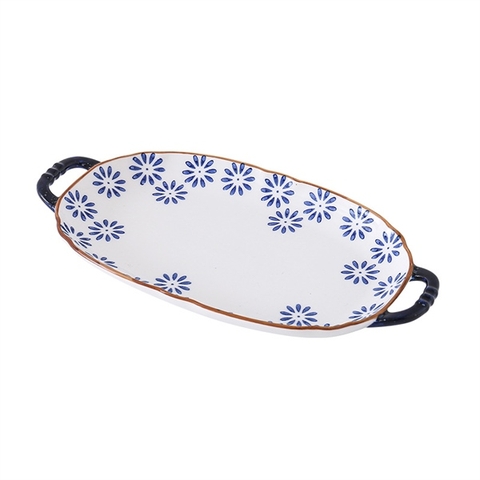 A121 Đĩa chảo bầu dục có tay cầm hoa cúc daisy 30.3*16.2*3cm