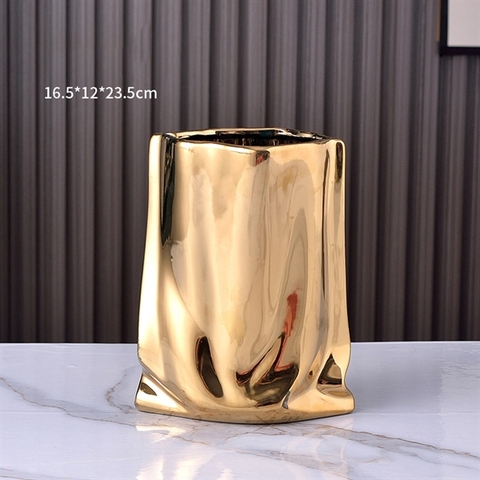 Bình hoa Bắc Âu dáng lụa VÀNG 16,5*23,5cm